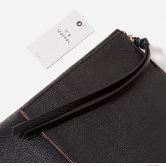 ZARA 100% LEATHER LARGE BLACK CLUTCH ZIP TASSLE BRAND NEW WITH TAGS BLOGGERS FAV